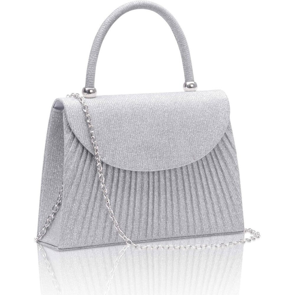 🆕Women’s Silver Glitter Top Handle Evening Handbag w/Chain Crossbody Purse